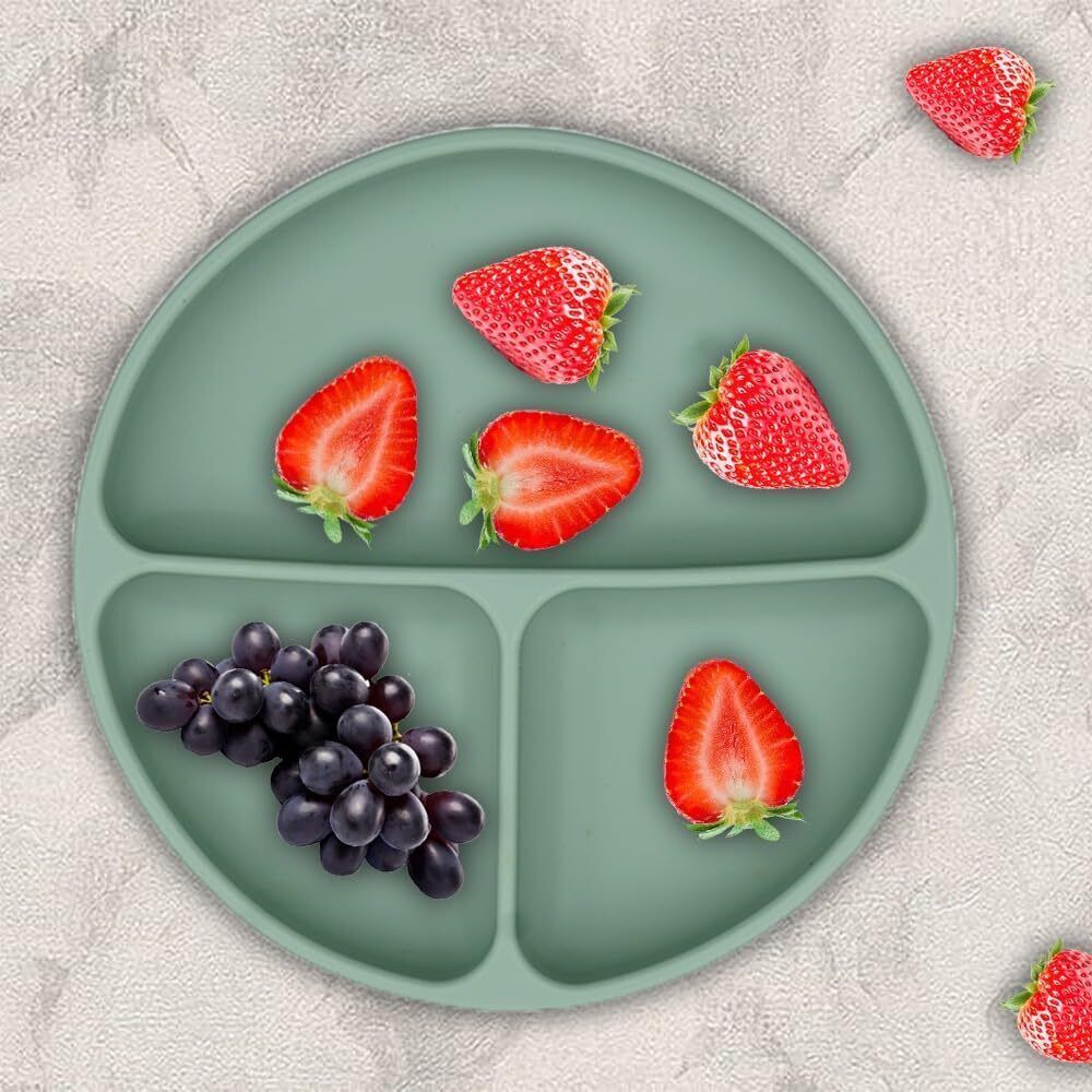 Silicone Big Suction Plates with 3 Deep Divided Sections for Babies -Green- Silicone