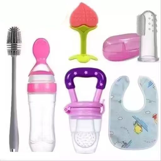 Combo Baby Feeding Set – 6 Pcs|Spoon Bottle, Fruit Feeder, Bib, Teether & Brush - Stainless steel, silicone