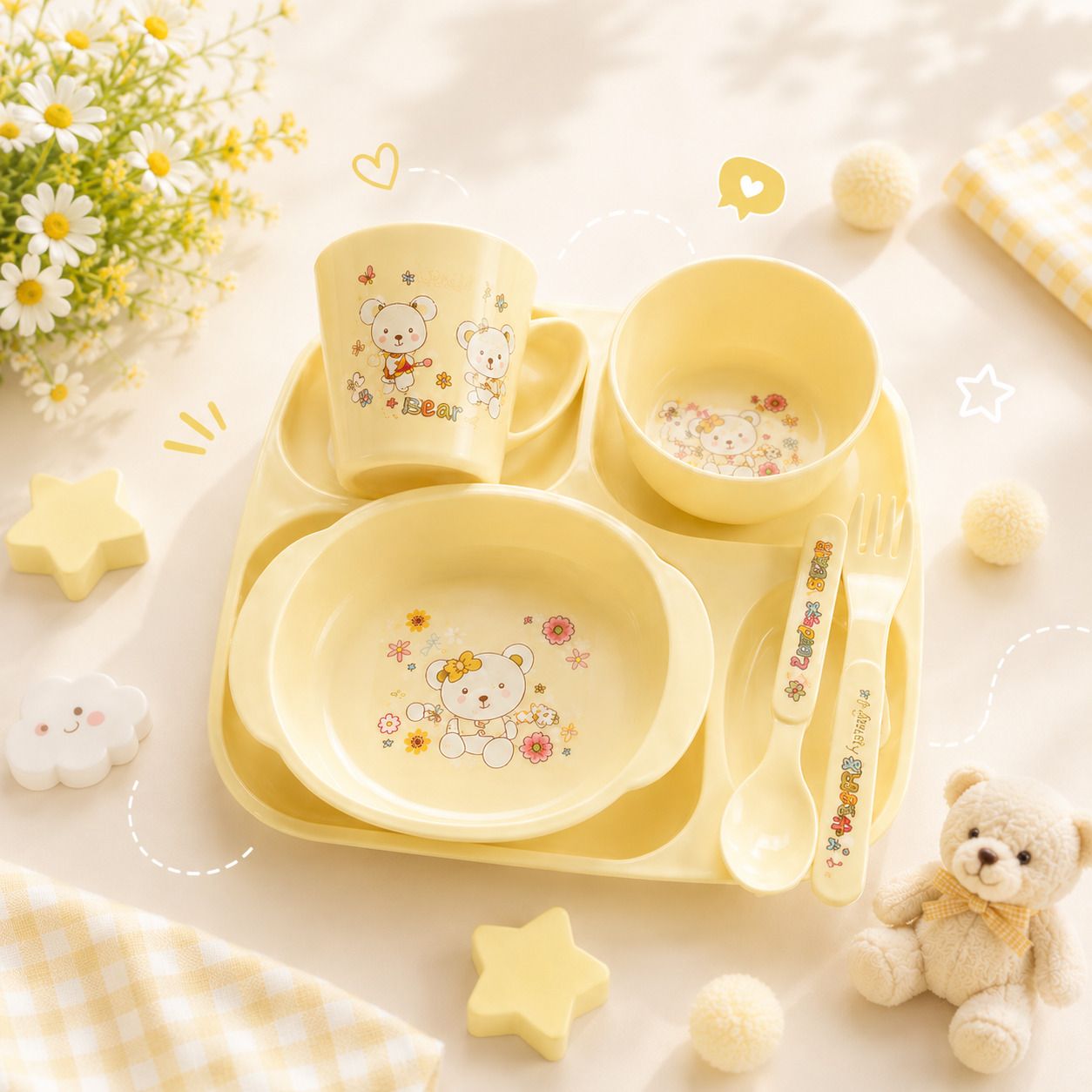 Cute Teddy Bear Kids Feeding Dinner Set with Tray - PLASTIC-image-3