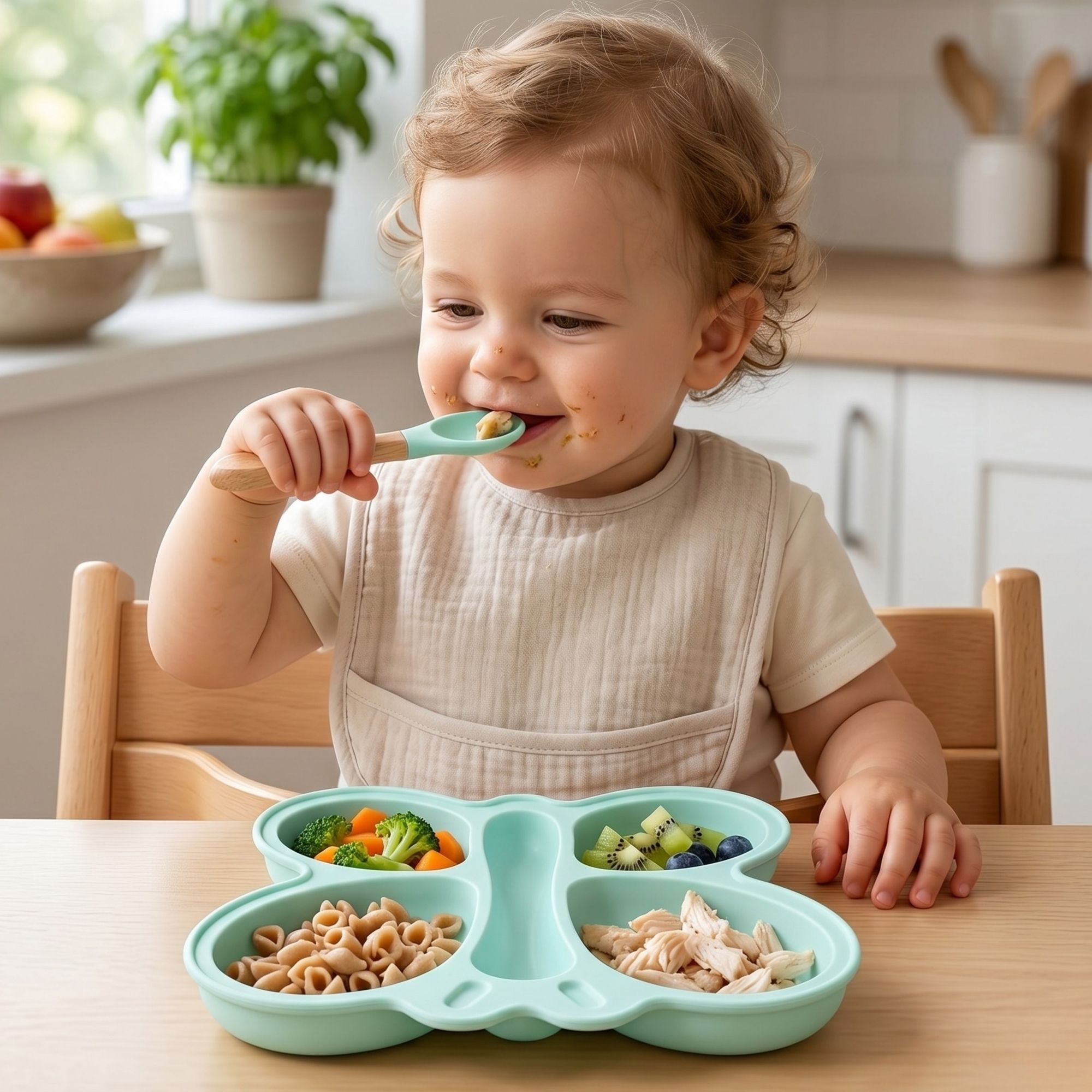 Silicone Feeding Plate with Spoon for Toddlers & Kids, Divided Butterfly Shape - Food Grade Silicone-image-32