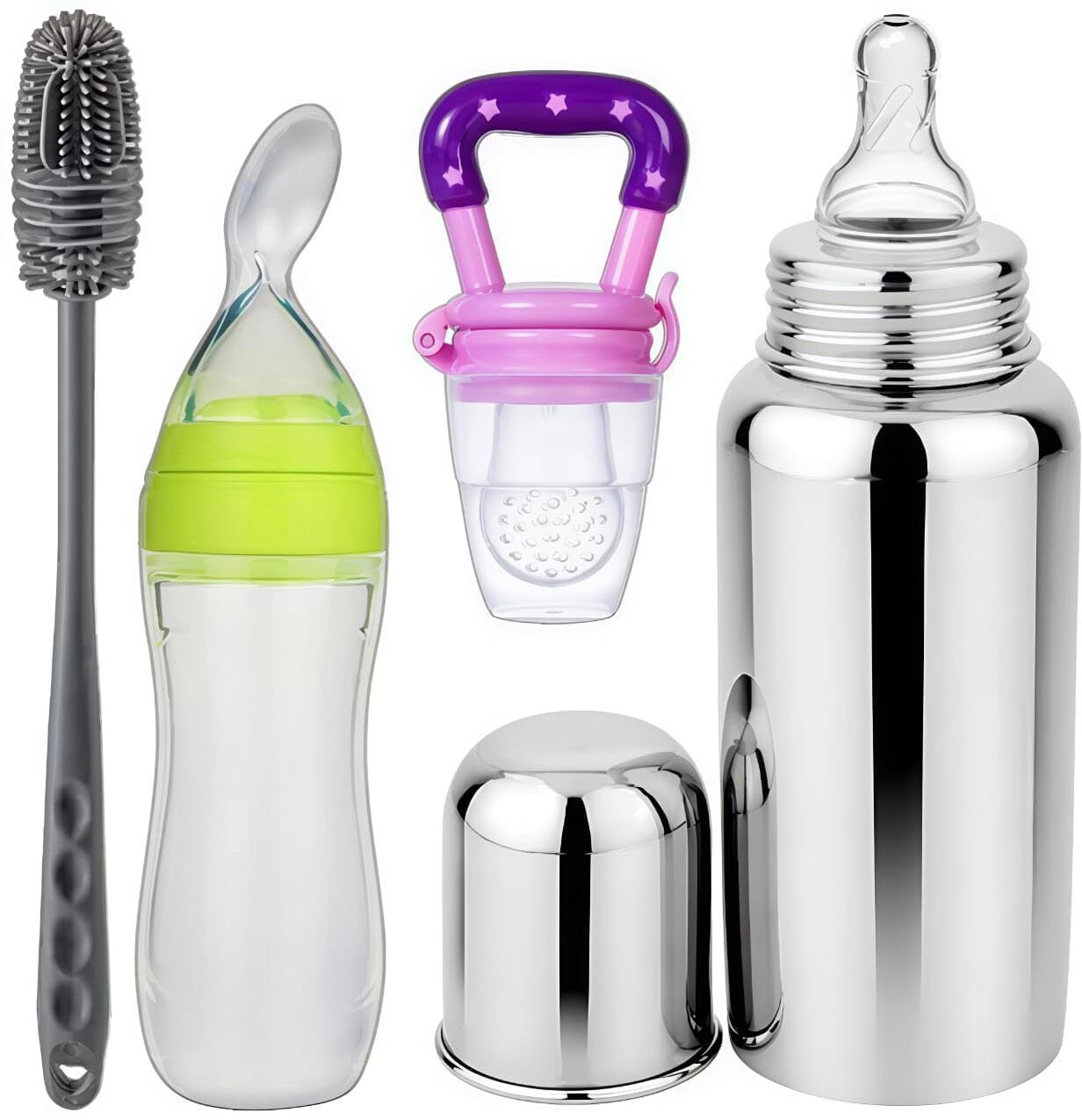 Feeding Set, 4-Piece Combo with Stainless Steel Bottle, Silicone Spoon Feeder - ‎BPA Free, Stainless Steel, food grade plastic