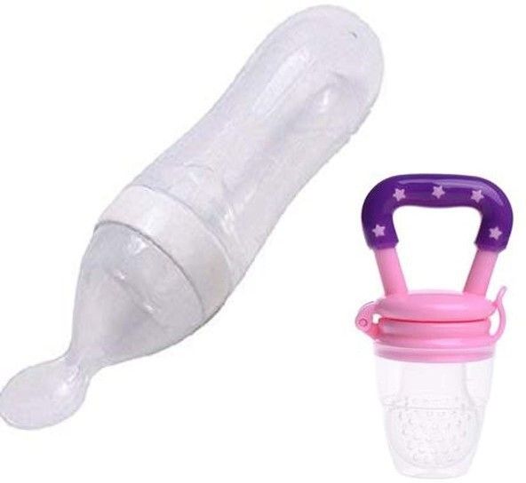 90ML Newborn Baby Feeding Bottle Toddler Silicone Squeeze Feeding Spoon Milk Cereal Training Feeder and Fruit feeder(Set of 2)- Silicone-image-26