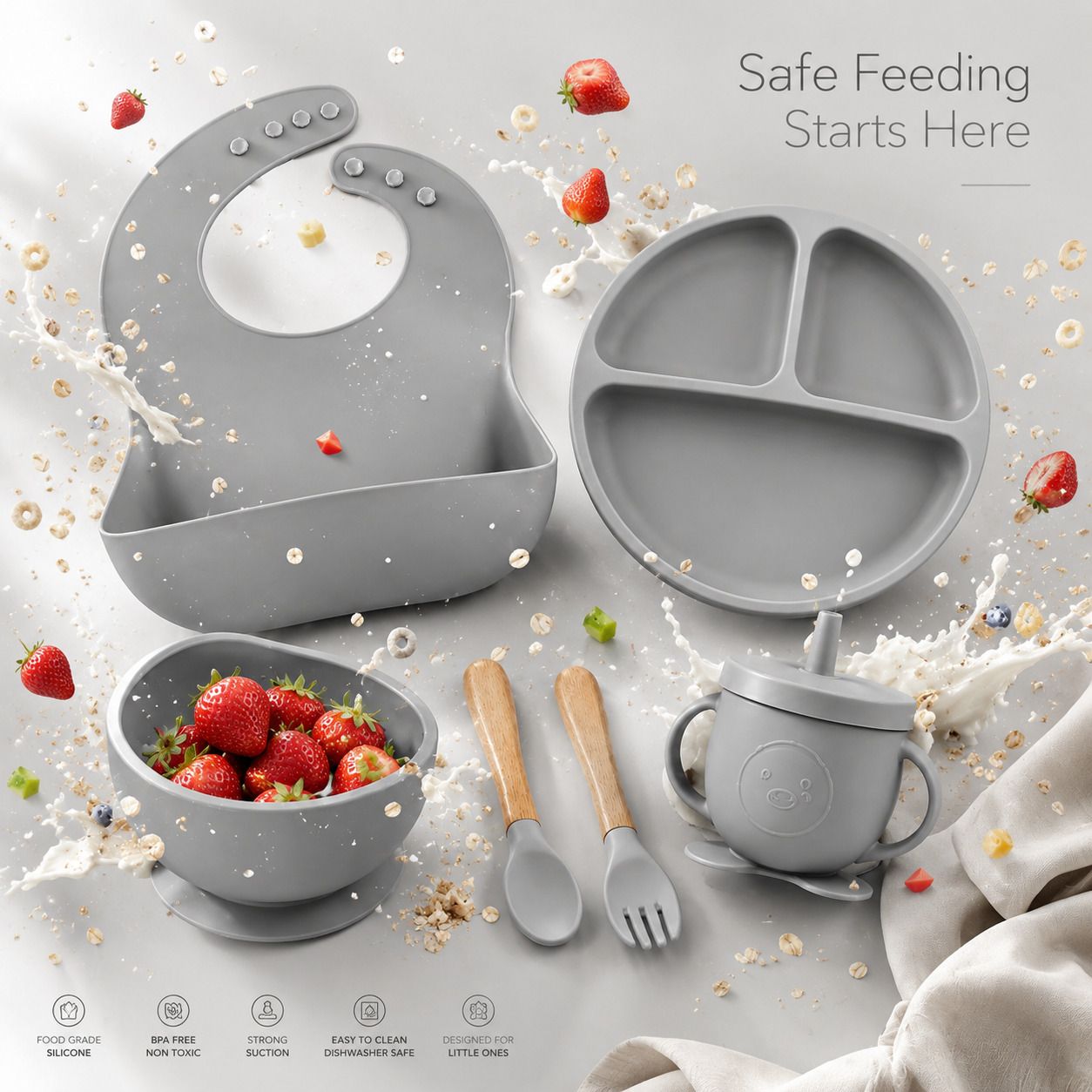 mooues BPA Free Silicone Baby Feeding Set with Suction Plate, Bowl, Bib & Sippy Cup - Silicone-picture-1