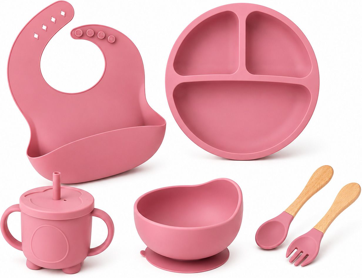 radhe alliance Silicone Baby Feeding Set with Suction Plate Bowl Cup Bib Spoon Fork Pink - SILICON-picture-32