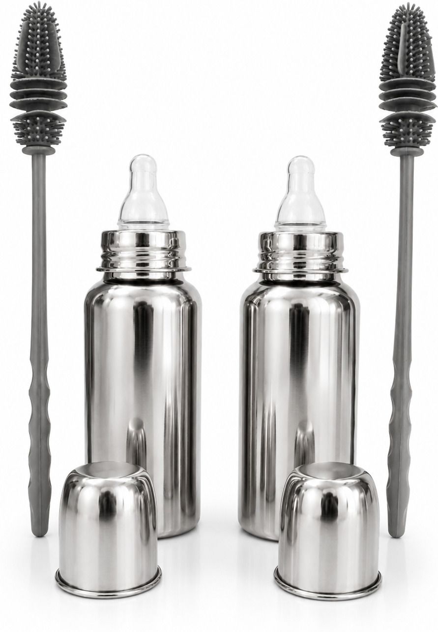 240 ml stainless steel baby feeding bottle and cleaning brush (set of 2) - stainless steel, silicone, pp plastic-image-48