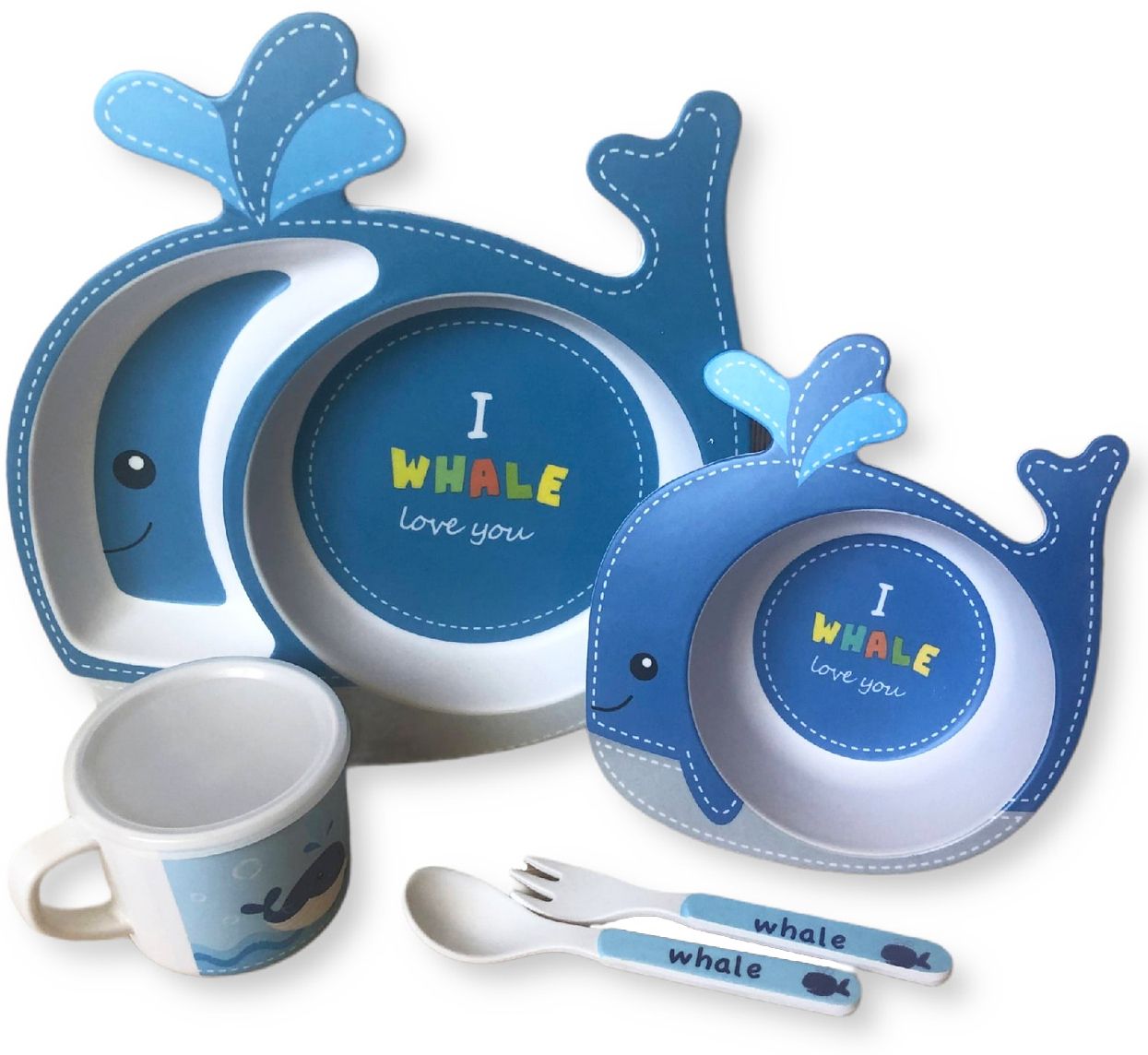 5 Piece 'Whale' Bamboo Fiber Tableware Set, Cartoon Animal Durable Dinner Plate- Bamboo Fiber-image-49