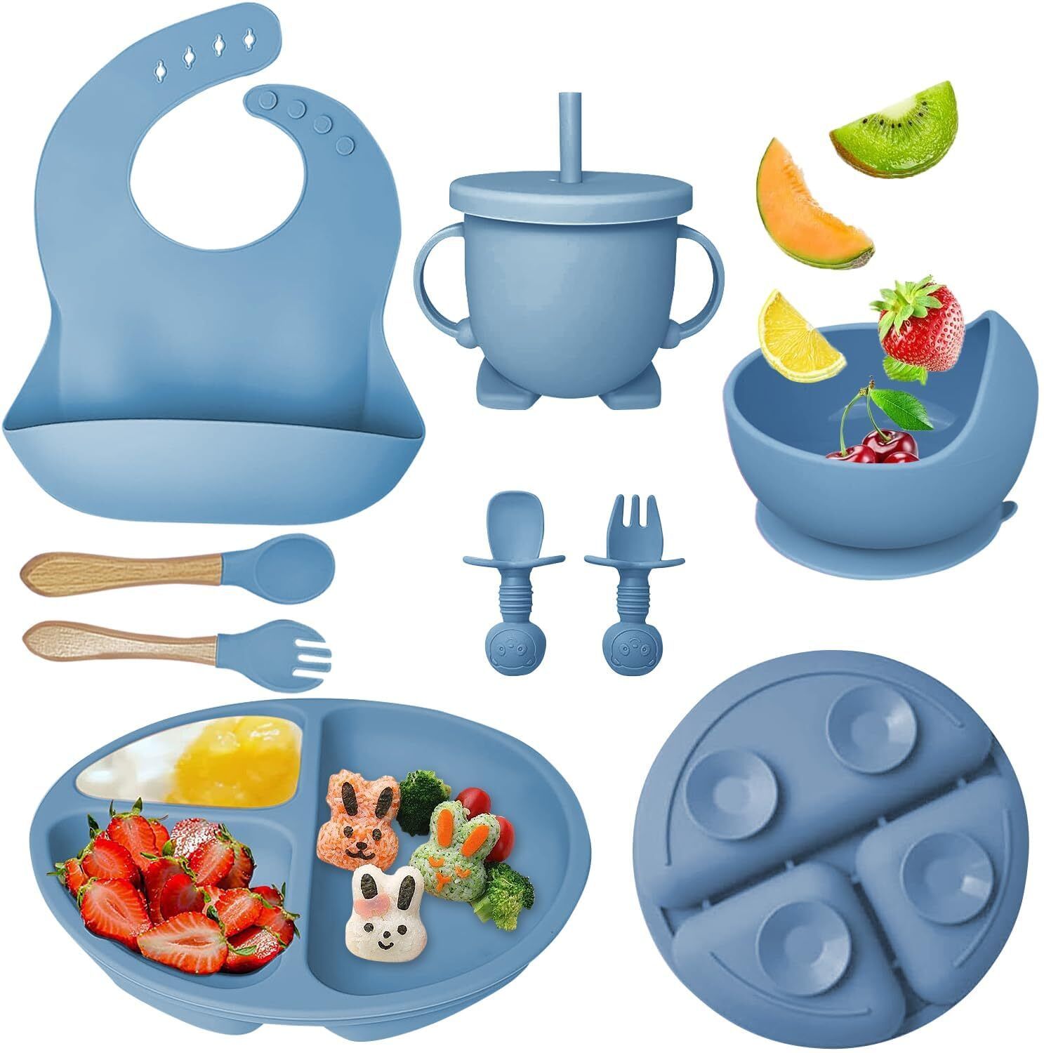 Baby Feed 8 Pc Suction Bowl, Plate, Baby Spoon, Fork, Sippy Cup with Straw, Lid- Silicone-image-18