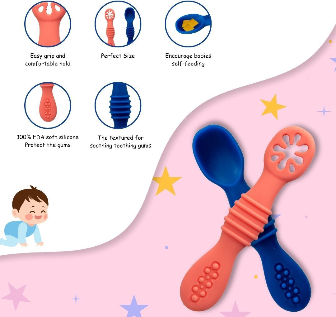 SILICA Trainer Silicone Weaning Feeding Spoon Set Soft Tip BPA Free Pack of 2 - Silicon-image-43