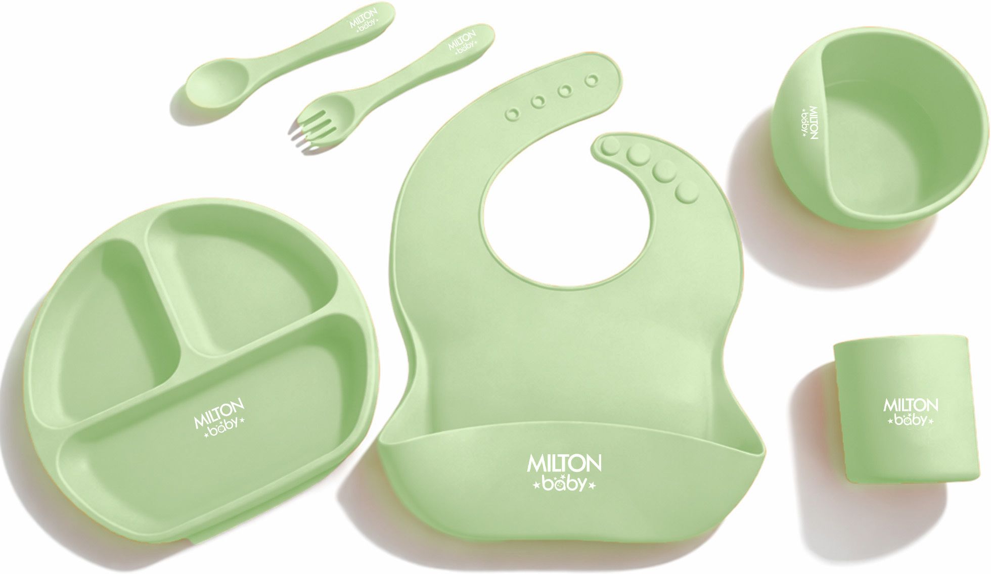 Silicone Feeding Set of 6 | Suction Bowl, Tumbler, Bib & Spoon | Light Green - Silicone-image-10