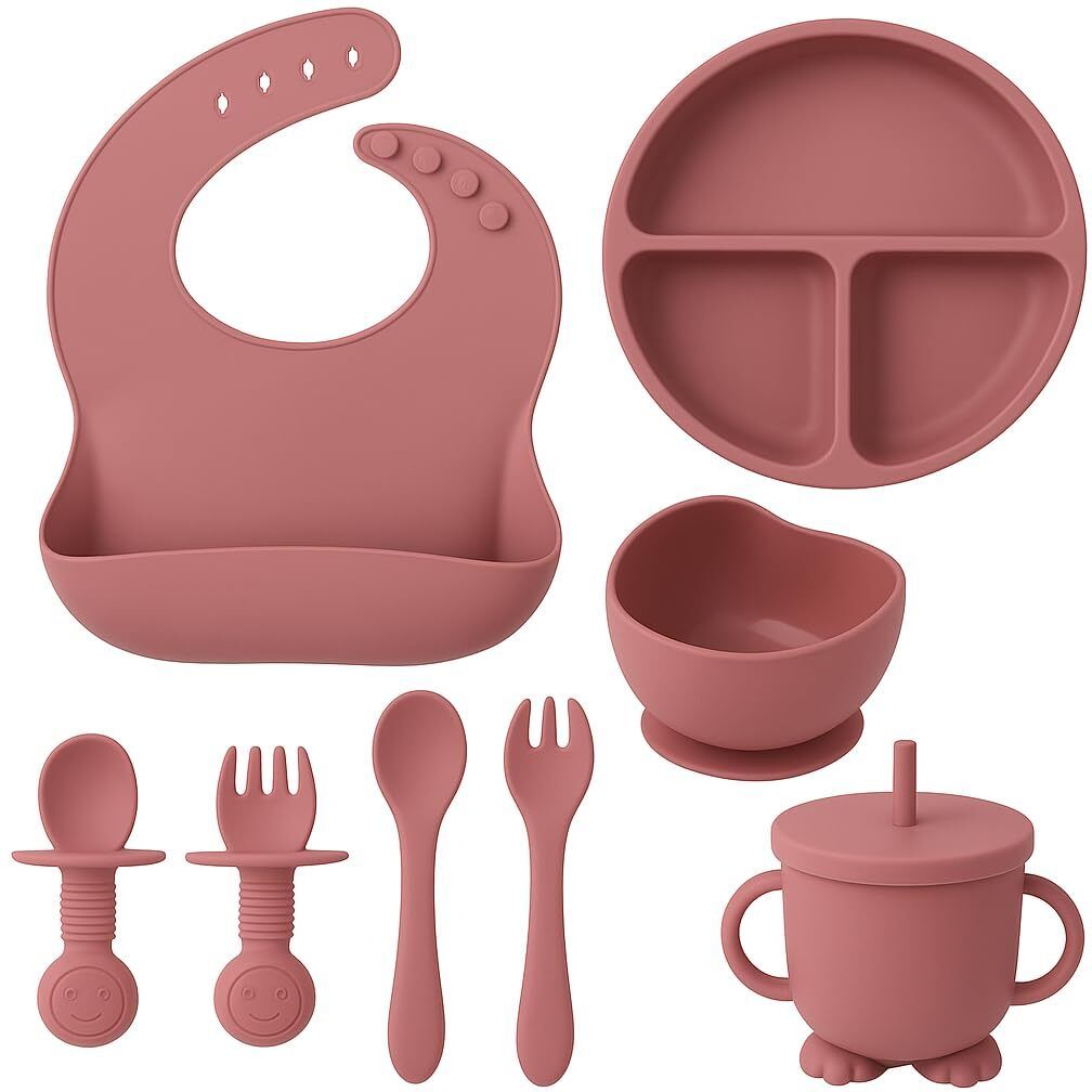 8 Pcs Silicone Baby Feeding Set | Suction Plate & Bowl | Cup, Spoon & Fork | - SILICON-image-16