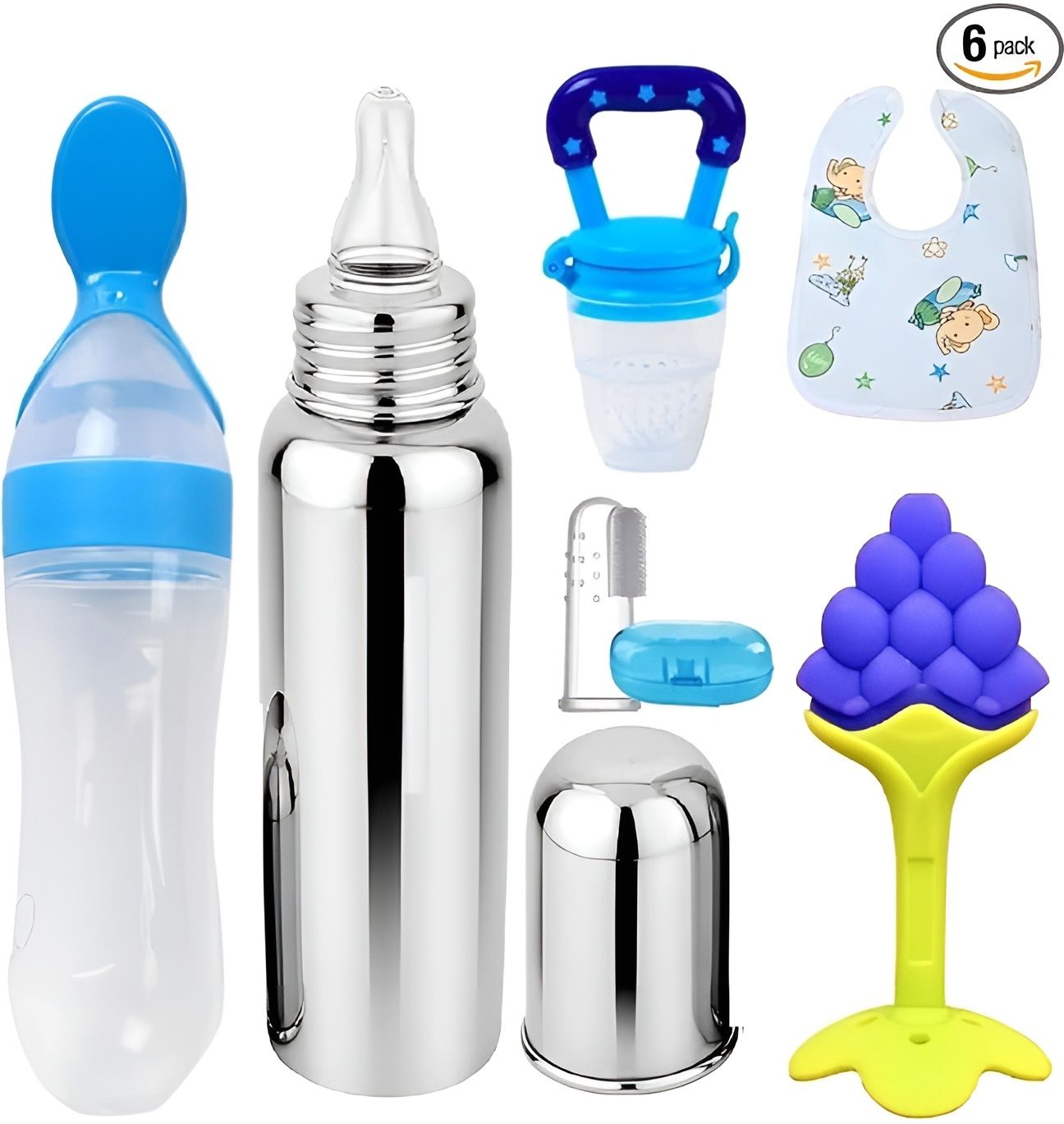 Pack of 6 Steel Botle, Silicone Spoon, Nibbler, Teether, Bib & Finger Brush - Food Grade Silicone, Stainless Steel, BPA-Free Plastic-image-36