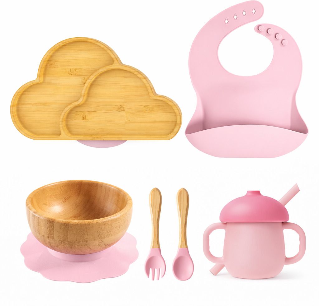 Bamboo Baby Feeding Set with Cloud Suction Plate - Bowl, Spoon, Fork, Bib & Cup - Bamboo, Food Grade Silicone-image-2