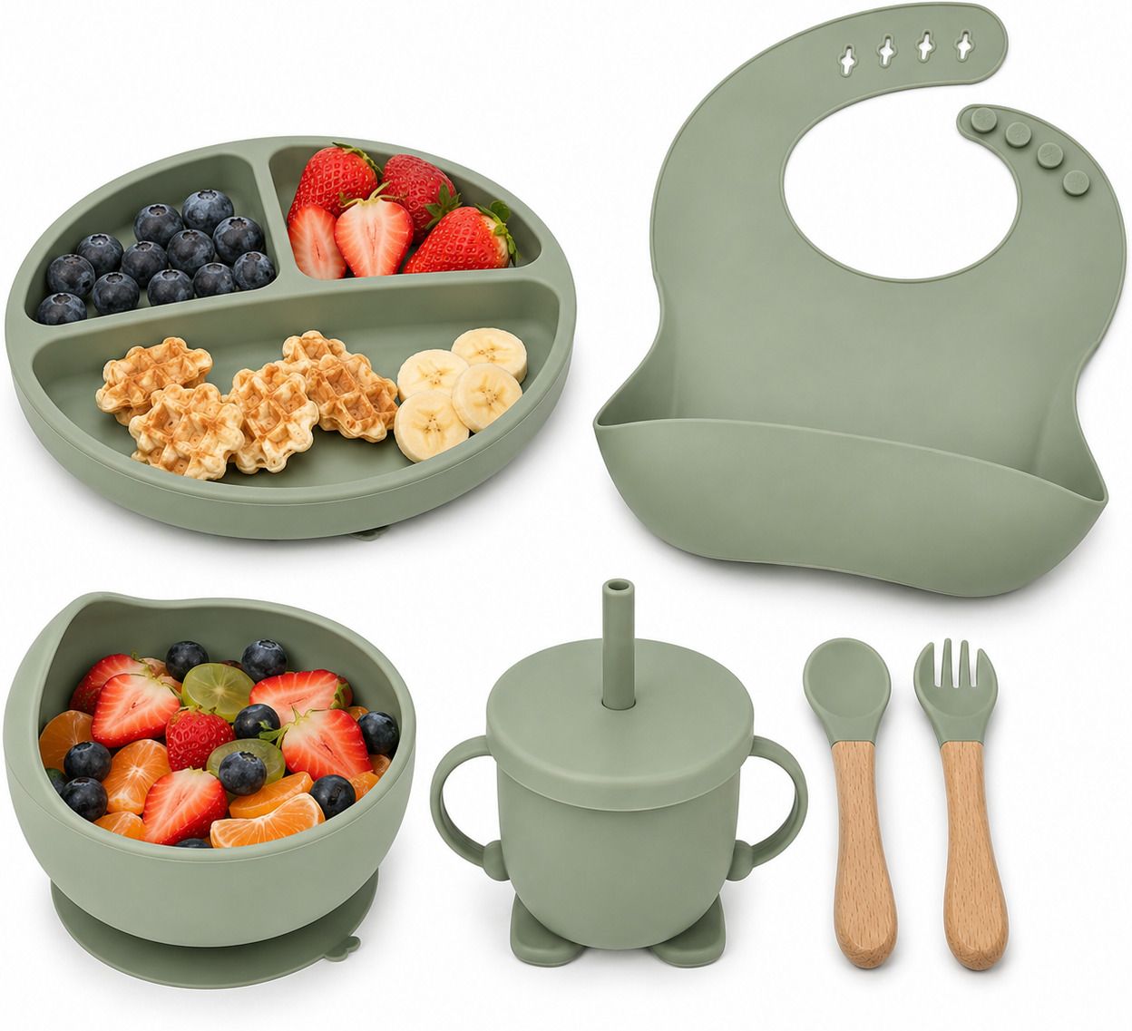Sage Green Silicone Baby Feeding Set with Suction Bowl Plate Bib Cup - Silicon, Food Grade Silicon, BPA Free Silicon-image-9
