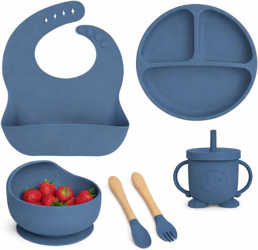 BPA Free Silicone Baby Feeding Set with Suction Plate, Bowl, Bib & Sippy Cup - Silicone