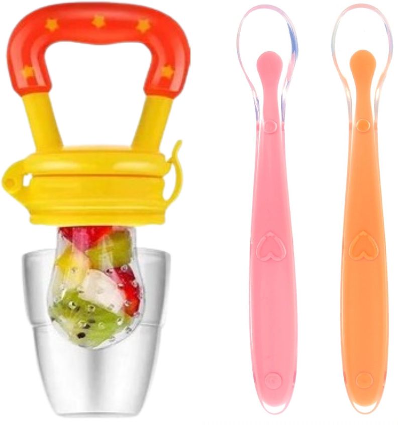 2pcs Baby Feeding Spoons & Teether for Kids Fruit Food Feeder (Combo Pack of 3)- 100% Silicone Tip, BPA Free material with Food Grade Silicone tip