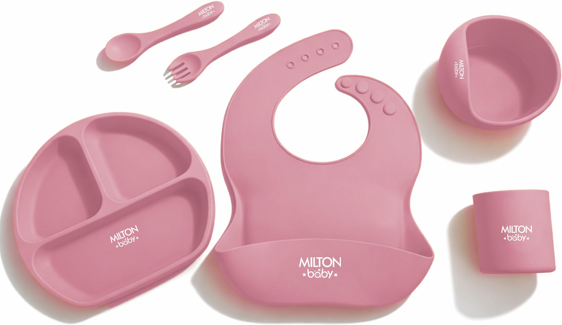 Silicone Feeding Set of 6 | Suction Bowl, Tumbler, Bib & Spoon | Pink - Silicone-image-48
