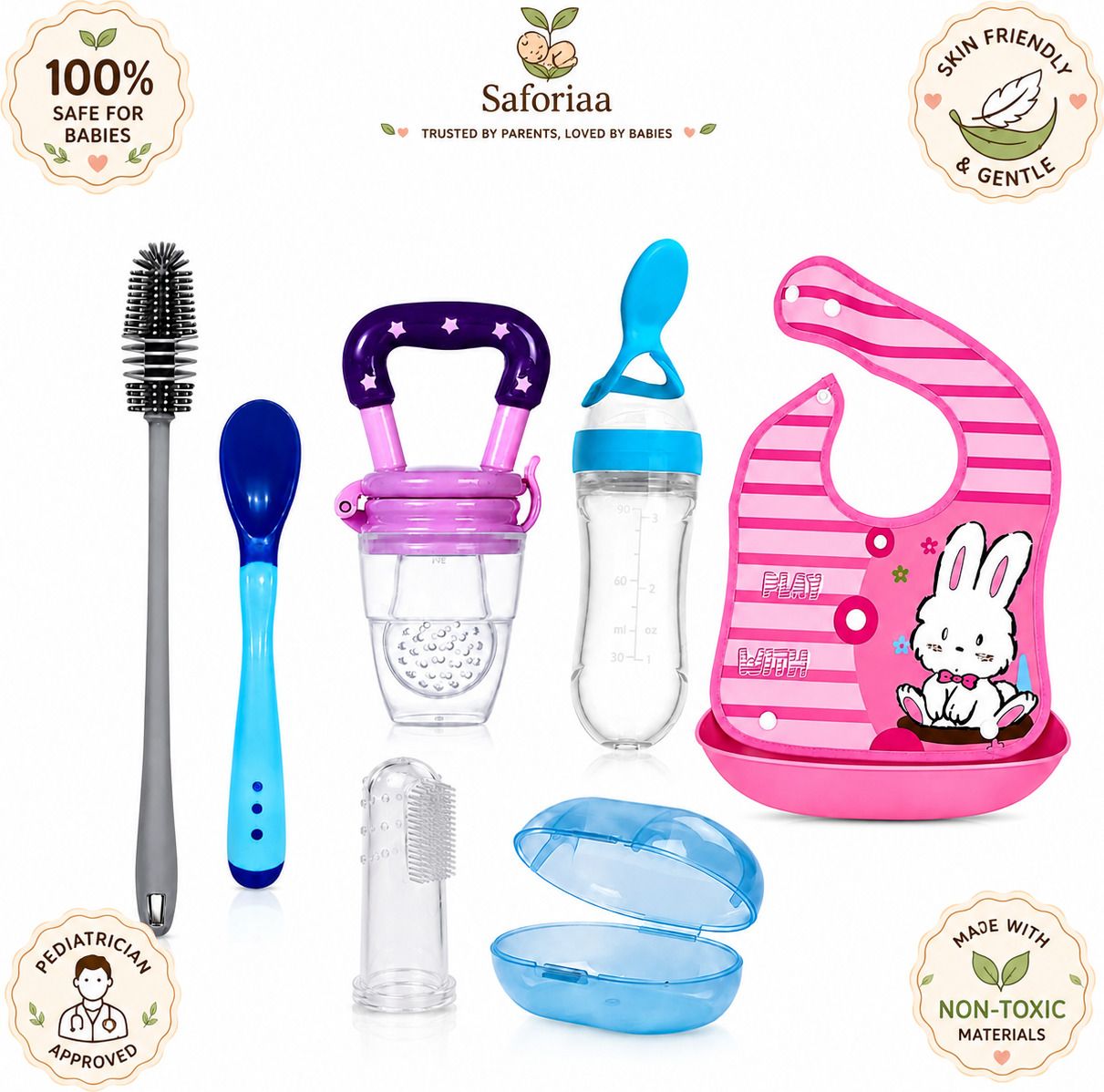 saforiaa 6-in-1 Baby Feeding & Oral Care Combo Set (Spoon Bottle 90ml, Nibbler, Bib) - Silicone & BPA-Free Plastic-picture-10