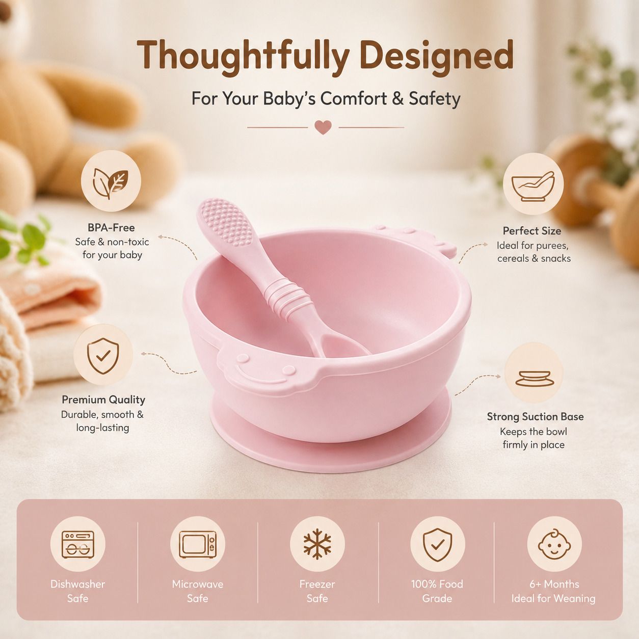 Soft Silicone Baby Feeding Bowl Set with Spoon | BPA Free Suction Bowl 6+ Months - Silicone-image-29