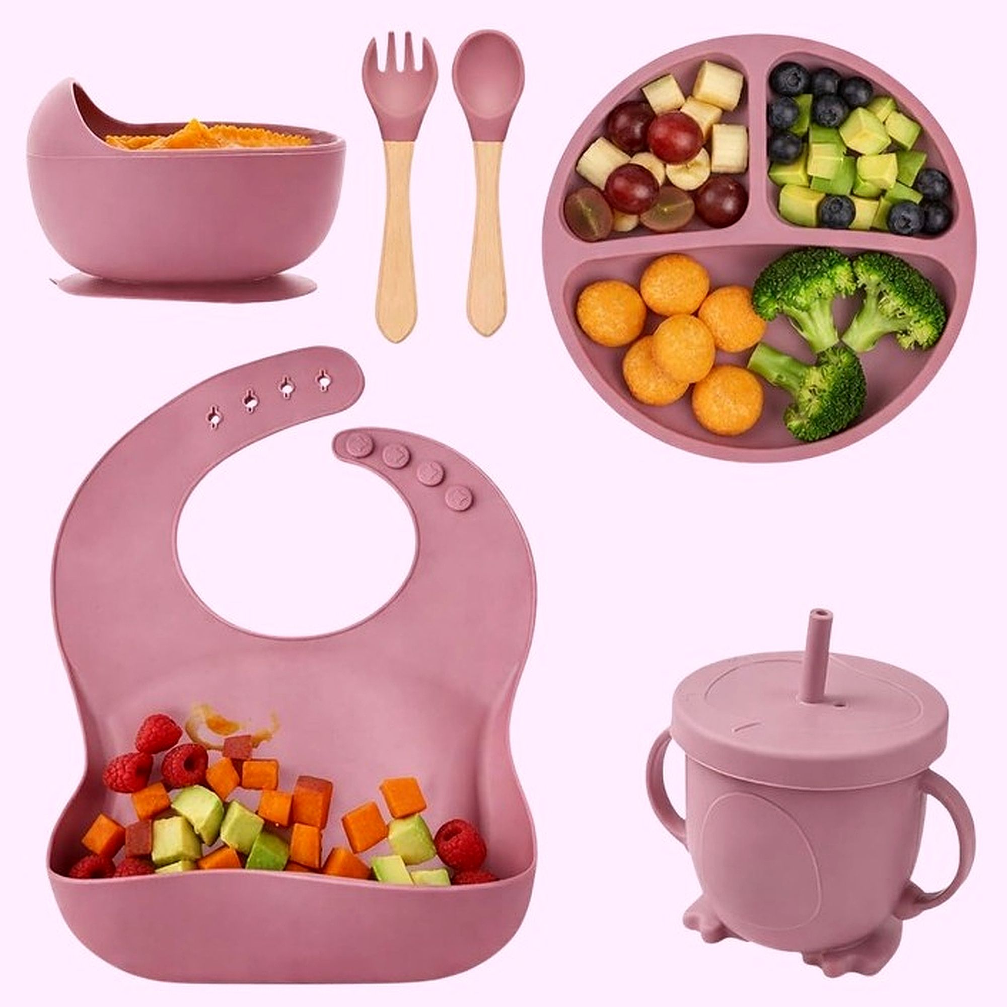 Toddler Feeding Kit – 6PCS Silicone Dishware, BPA-Free- Silicone (Pink) - Silicone-image-31