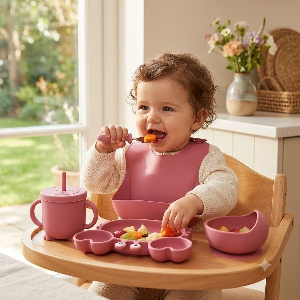 Baby Silicone Feeding Set with Sippy Cup, Crab Plate, Bowl, Bib - BPA-Free Silicone-image-26