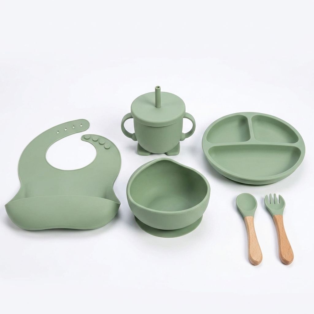 Premium Food Grade Silicone Baby Feeding Kit 6 Piece Set for Toddlers (Green) - Silicone-image-20