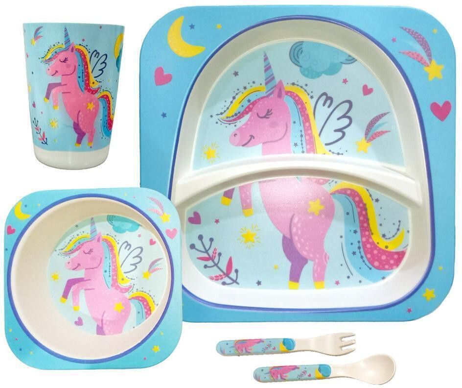 Baby Feeding Blue Unicorn Dinner Set for Kids (Plate, Bowl, Cup, Spoon & Fork) - 100% Safe Bamboo Fiber-image-46