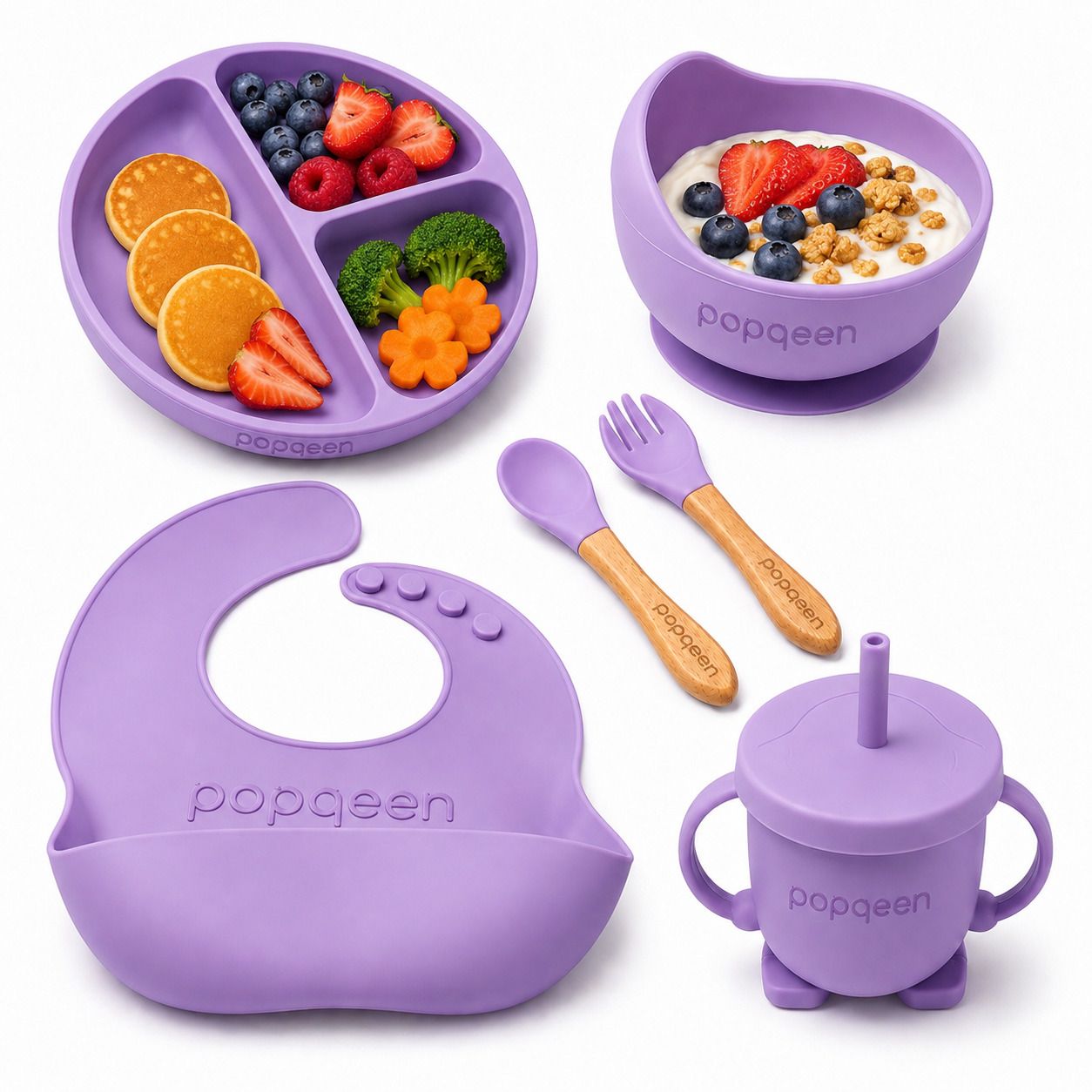 Purple 6PCS Silicone Baby Feeding Set with Suction Plate Bowl Bib Cup Spoon Fork - Silicone-image-8