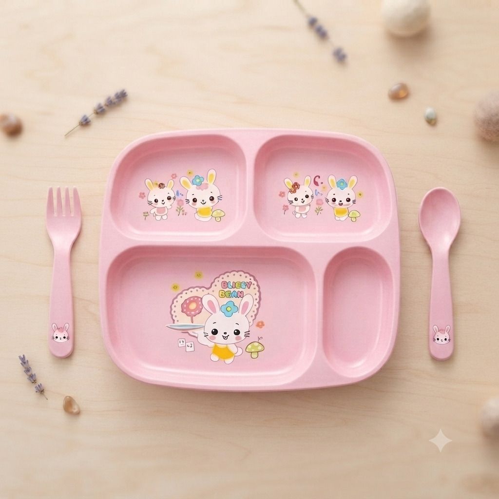 Kids Pink Compartment Dinner Plate Set with Spoon & Fork - PLastics-image-45