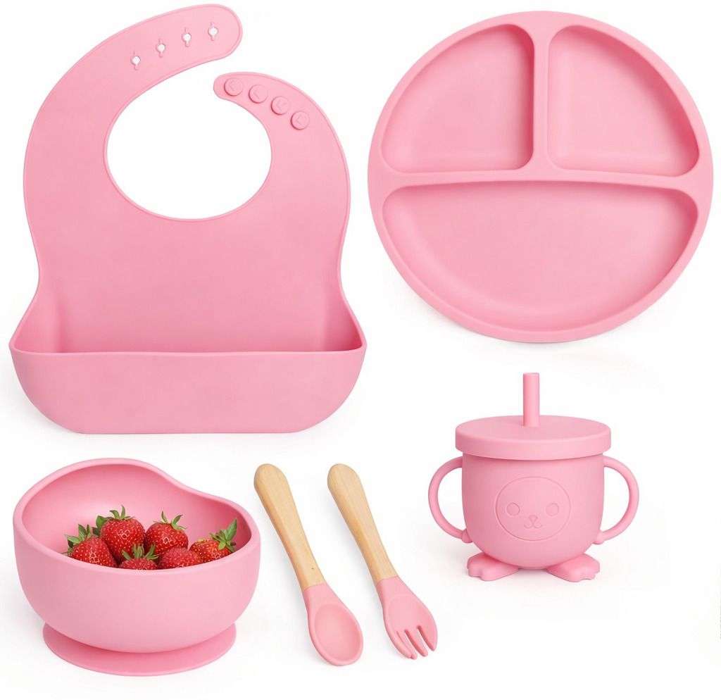 BPA Free Silicone Baby Feeding Set with Suction Plate, Bowl, Bib & Sippy Cup - Silicone
