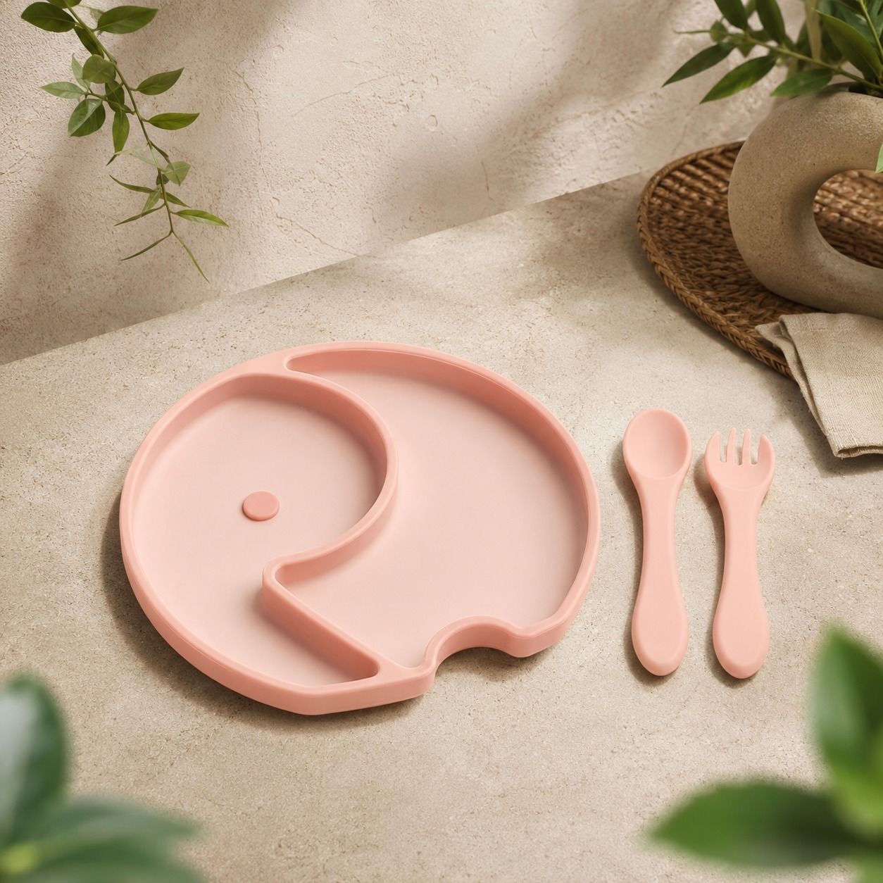 Baby Silicone Elephant Suction Plate with Spoon & Fork Toddler Feeding Set pink - silicon-image-13