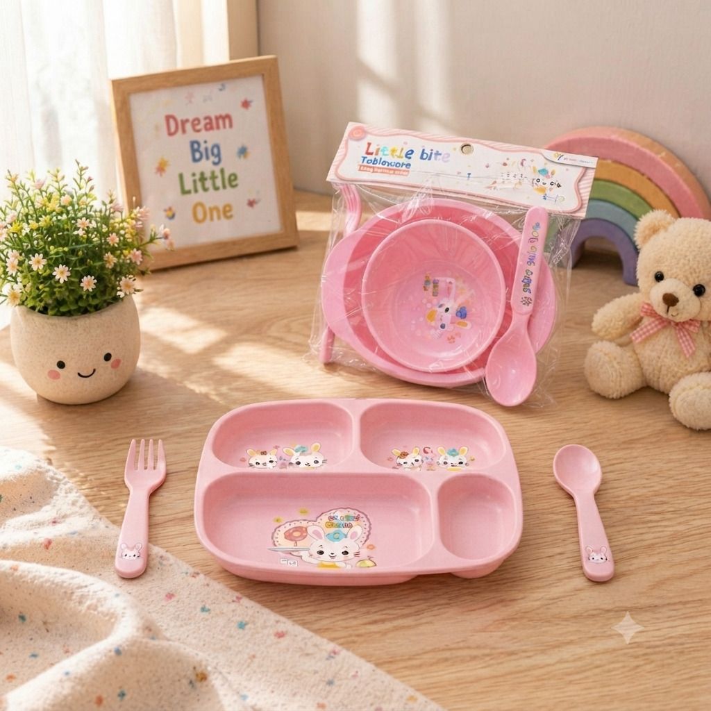 Kids Feeding Set with Plate, Bowl & Cutlery – Pink - Plastic-image-37