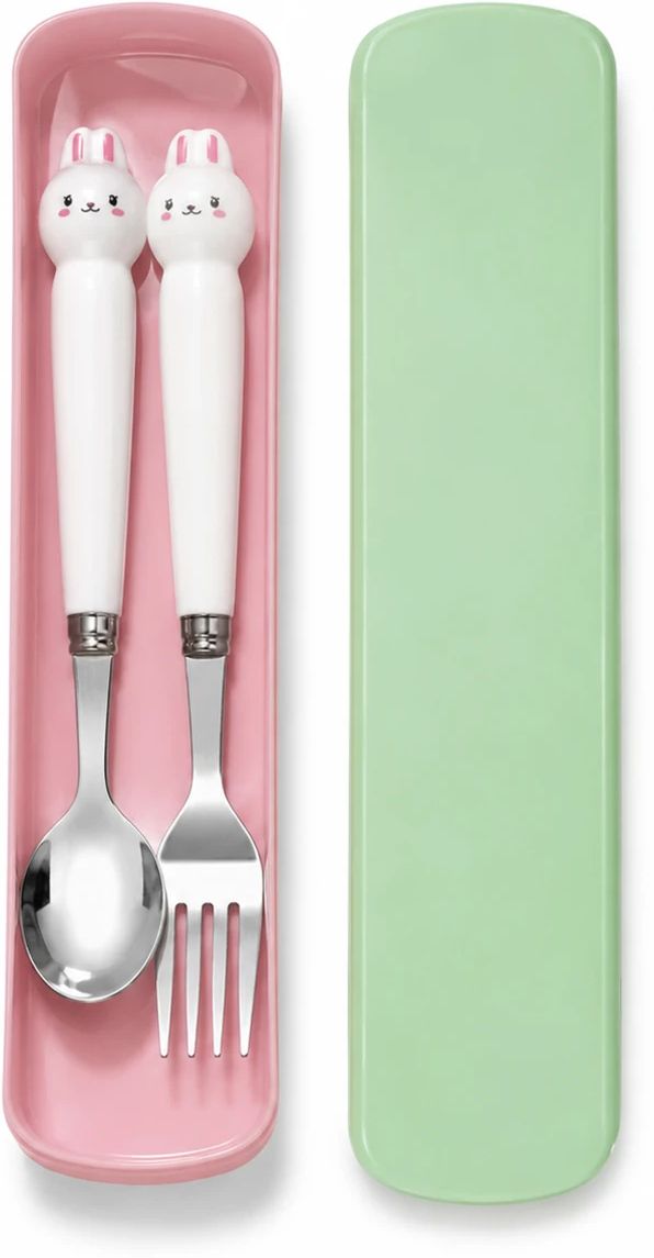 White Bunny Face Stainless Steel Cutlery Carrying Case Set - for Kids & Students - Non Toxic Plastic-image-32