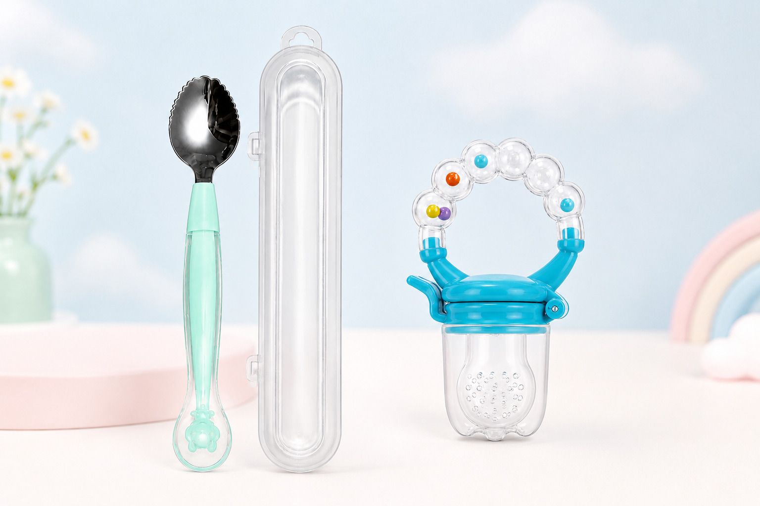 2-in-1 Baby Spoon with Baby Fruit/Food Feeder Nibbler Combo | Cute Rattle Handle - Stainless Steel 304, Silicone-image-27