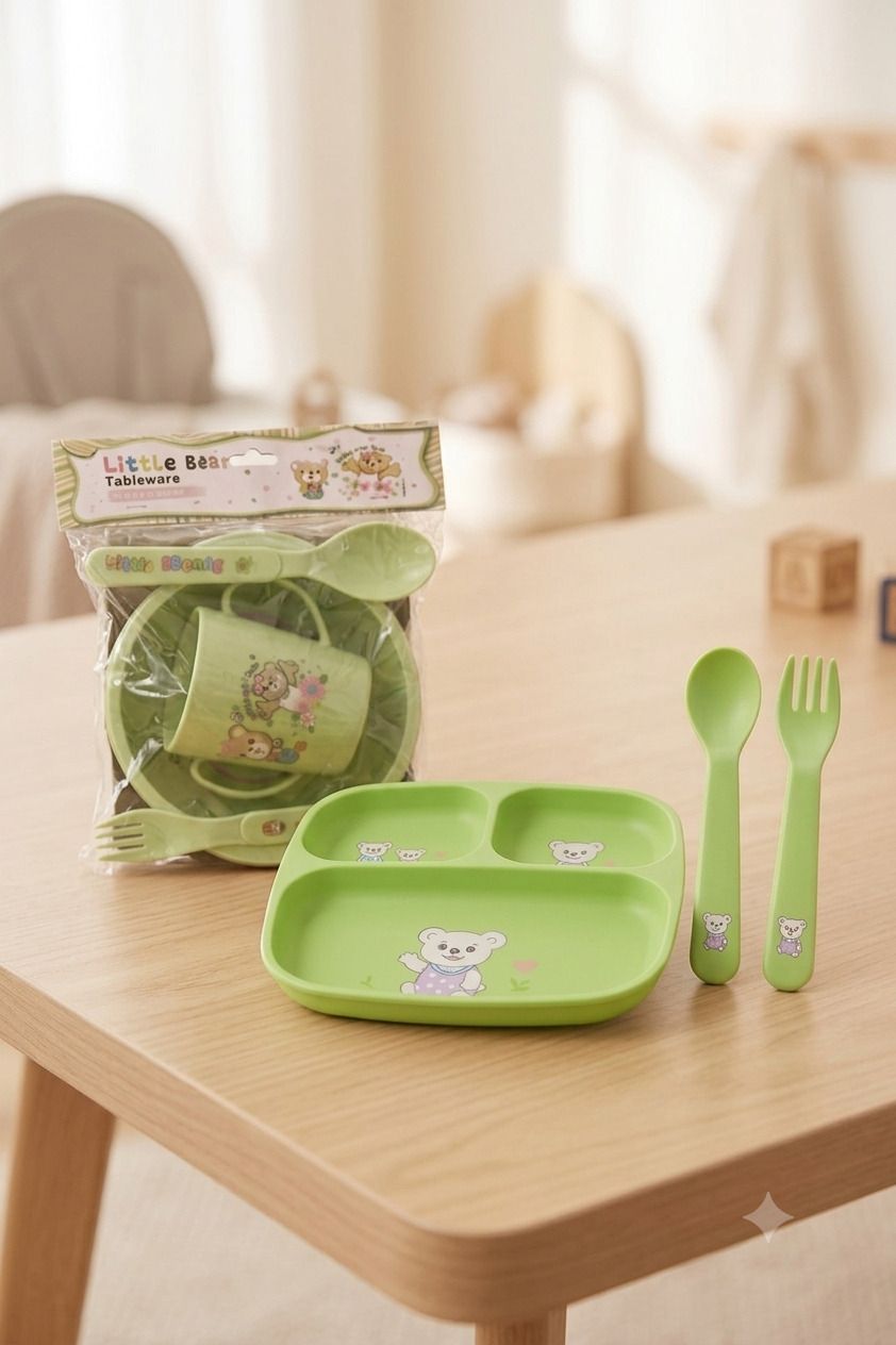 Kids Feeding Set Combo Pack of 2 Green Bear Print Baby Dinner Set - Plastic-image-40
