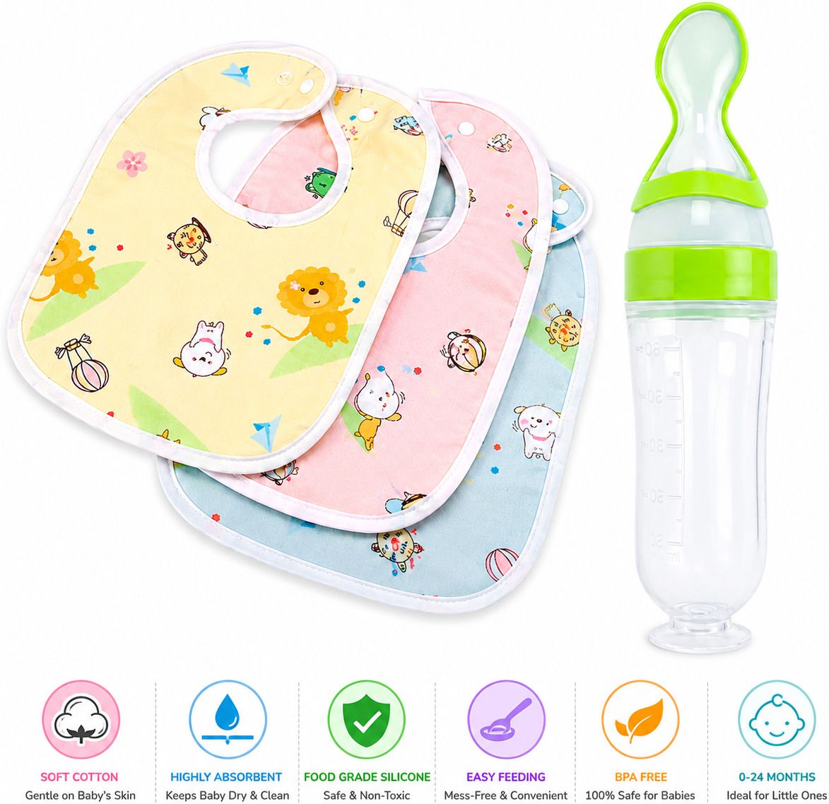 tzed Baby Feeding Combo | Waterproof Bibs Set of 3 Silicone Feeder Bottle with Spoon - Food Grade Silicone & Polypropylene-picture-3