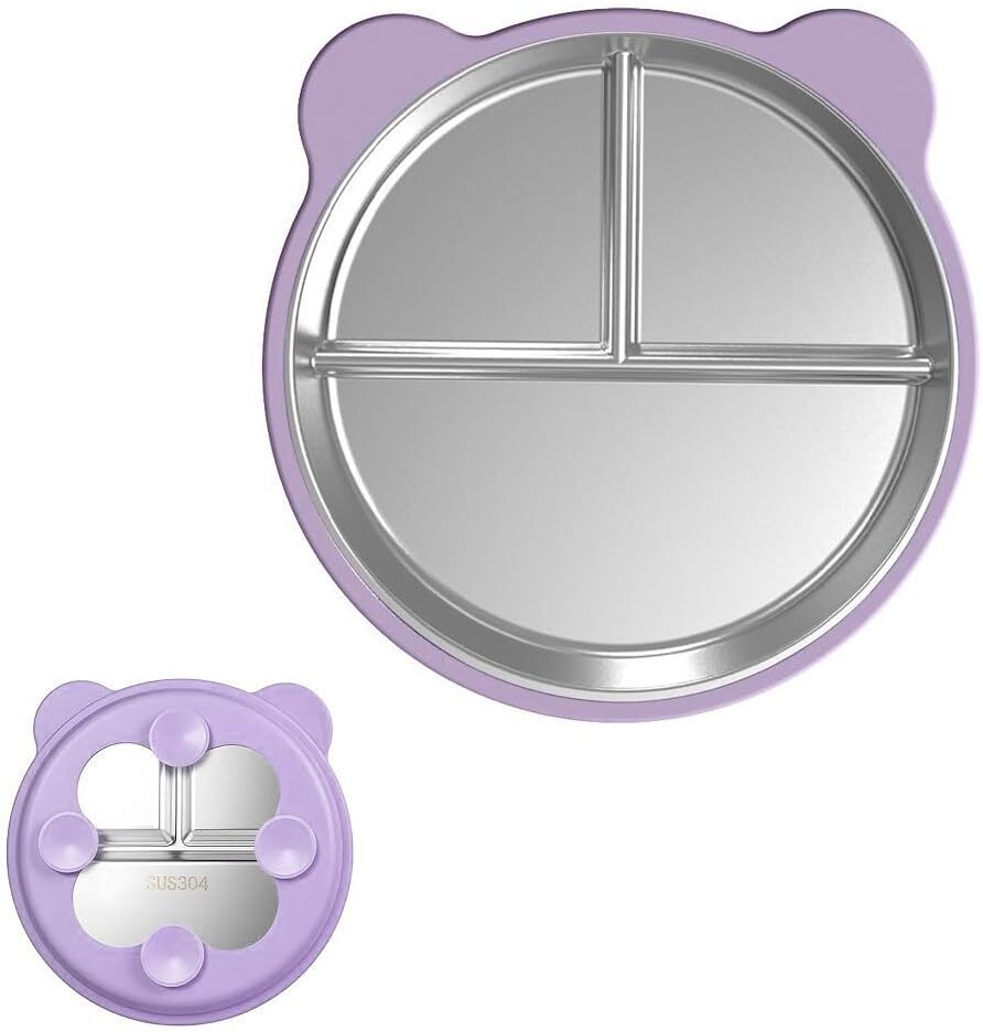 Kids Stainless Steel Plate with Suction Cups 3 Section Toddler Dish - Stainless Steel