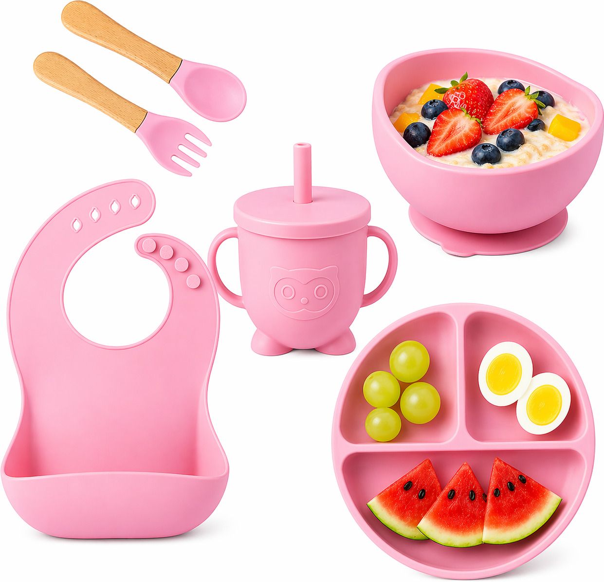 pransique 6 Pcs Silicone Baby Feeding Set with Bowl Plate Bib Spoon Fork Cup - Silicone-picture-7