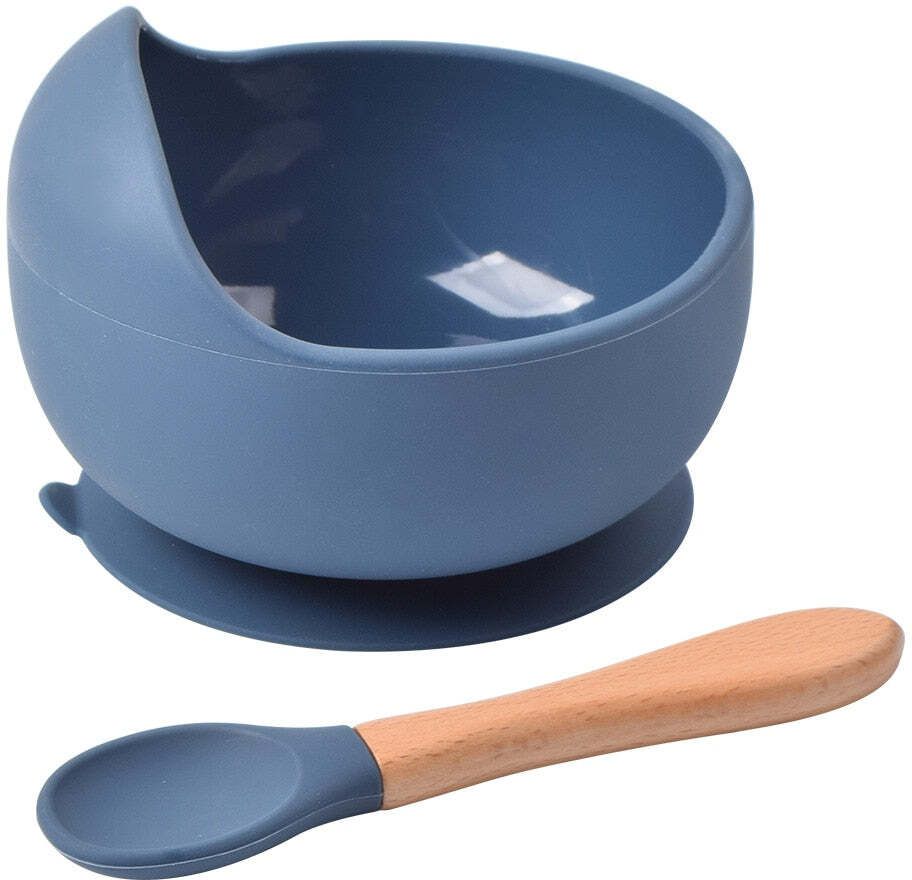 Self-Feeding Silicone Baby Bowl & Spoon, Curved Walls | Upgrade Strong Suction- Hygienic Food Grade Silicone & Wooden