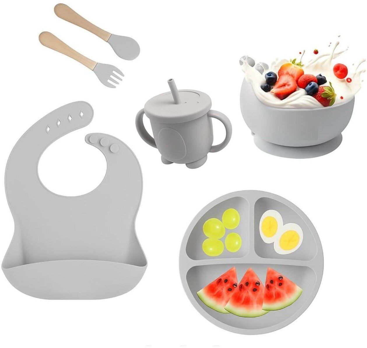 prajya Baby Silicone Feeding Set 6 Pcs | Bib, Divided Plate, Bowl, Sippy Cup, Spoon - silicone-picture-46