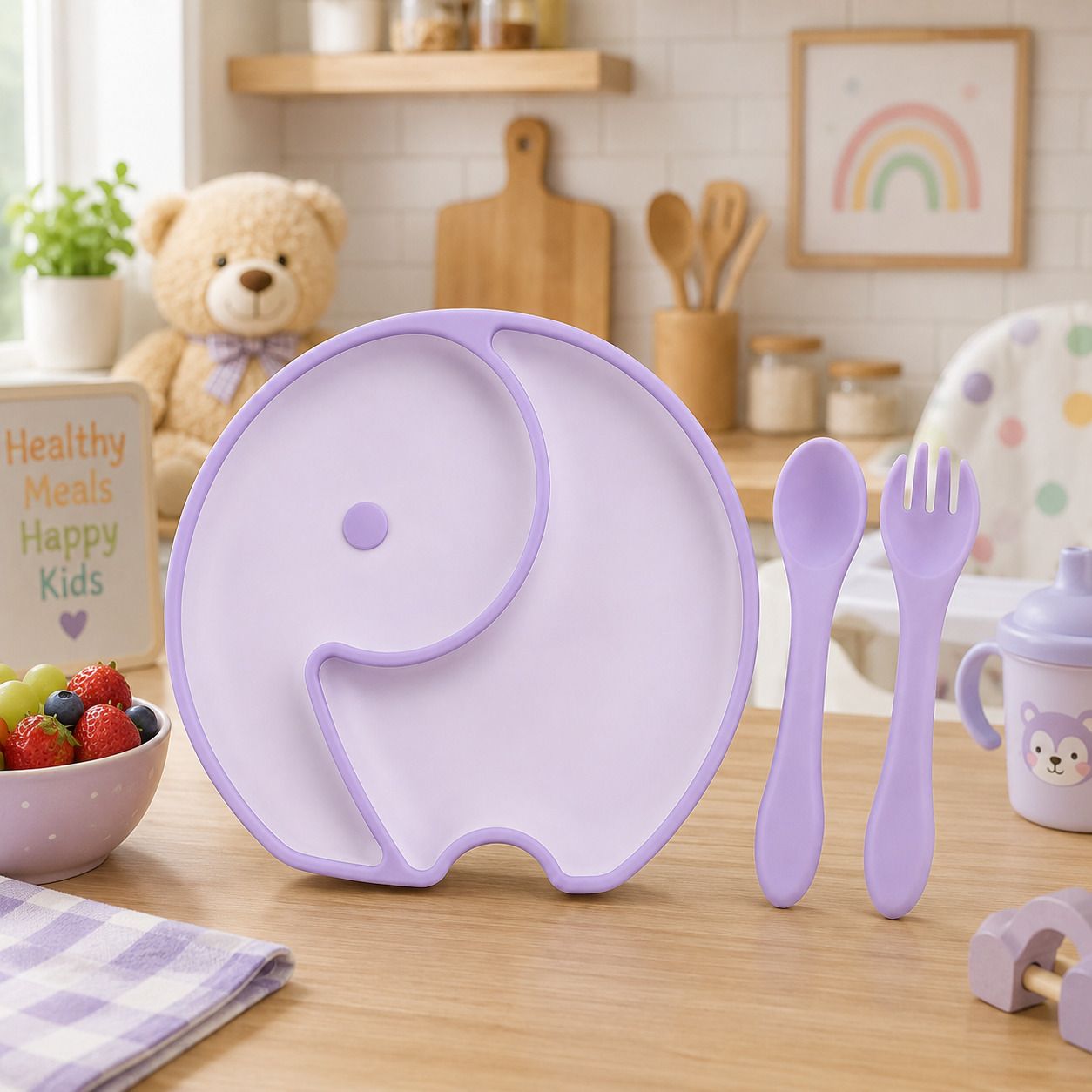 Kids Silicone Feeding Set Suction Plate Spoon Fork Food Grade BPA Free - Food Grade Silicone, Silicone-image-28