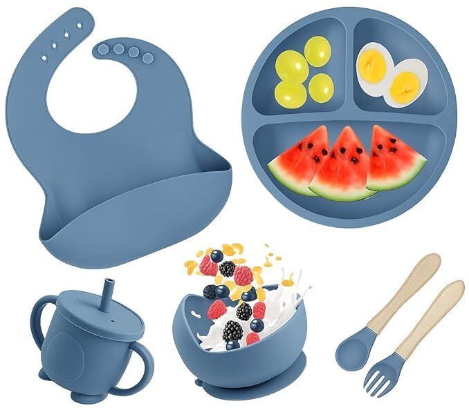 6 Pcs Baby Silicone Feeding Set Suction Plate Bowl Cup Spoon BPA Free - Silicone-image-9
