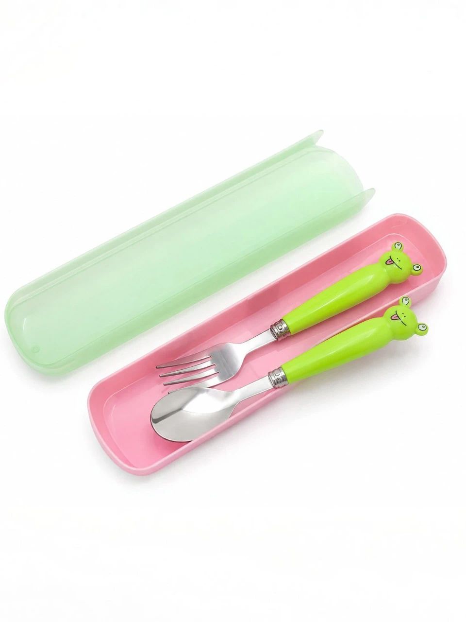 Green Frog Face Stainless Steel Cutlery Carrying Case Set - for Kids & Students - Non Toxic Plastic-image-8