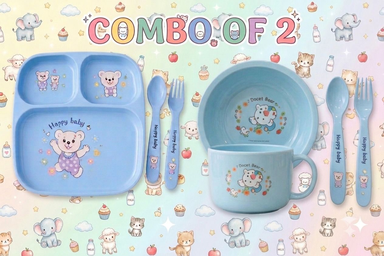 Kids Feeding Set Combo Pack of 2 Cute Bear Print (Blue) - Platics-image-29