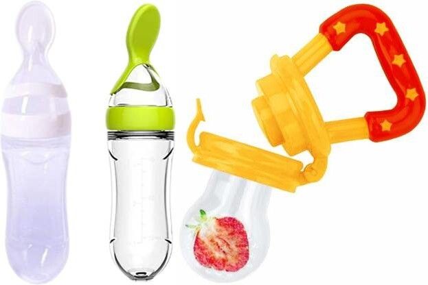 Squeezy Food Grade Silicone Bottle Feeder & Silicone Food Fruit Pacifier/Nibbler/Soother for Babies/Kids/Children (Squeezy Feeder 'White Green'' + Pacifier 'Yellow') (Pack of 3) - Silicone - SILICONE (Green, Yellow, White ) Buy 2 Spoon feeder Get 1 Fruit feeder Free- SILICONE-image-17