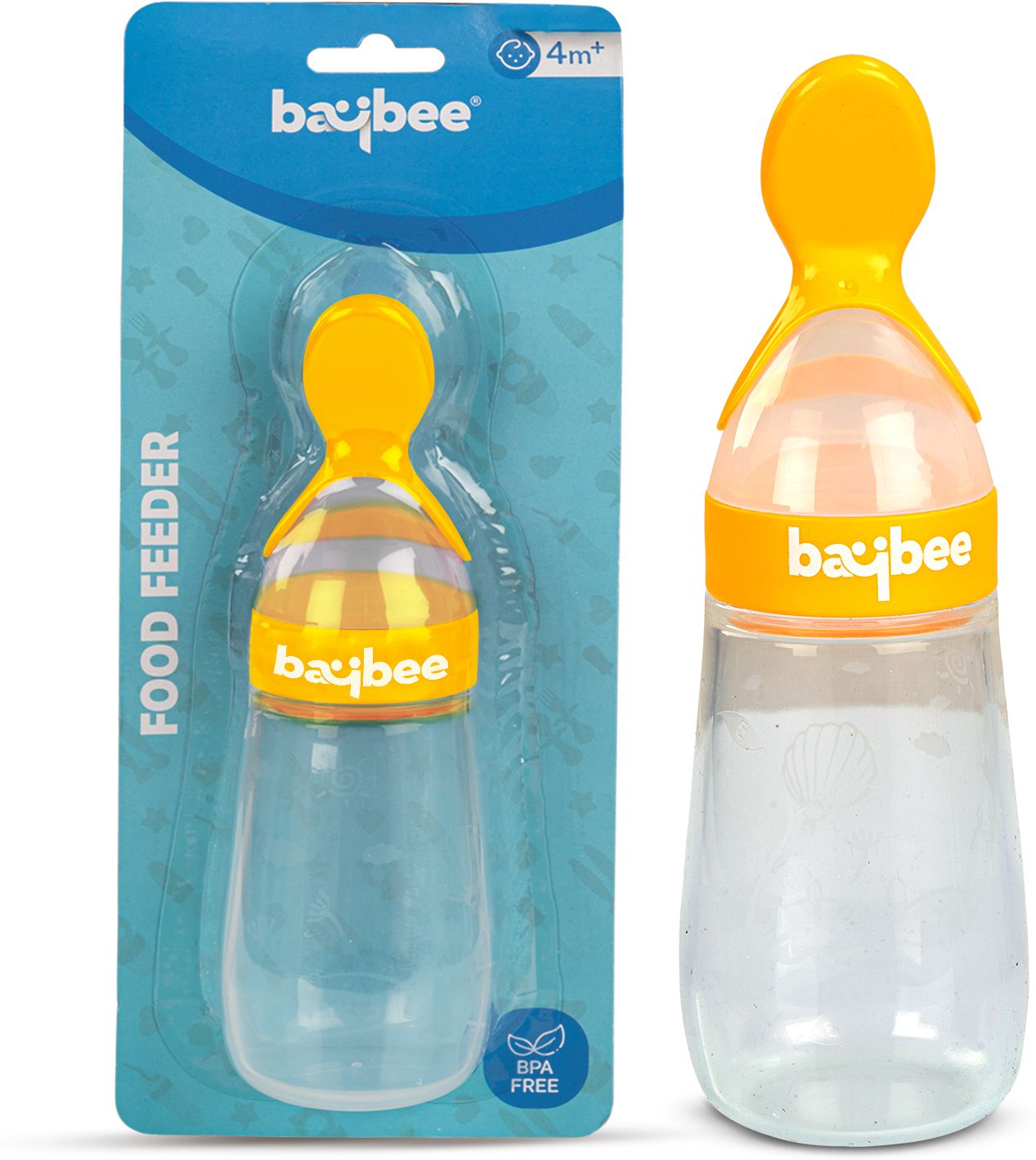 BPA Free Silicone Squeezy Food Feeder Bottle with Spoon for Baby 3+ Months- Silicone