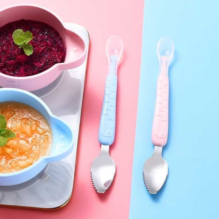 Double Head Baby Spoon Silicone Soft Baby Fruit Scraping Mud Feeding 2 in1- Silicone, Stainless Steel-image-34