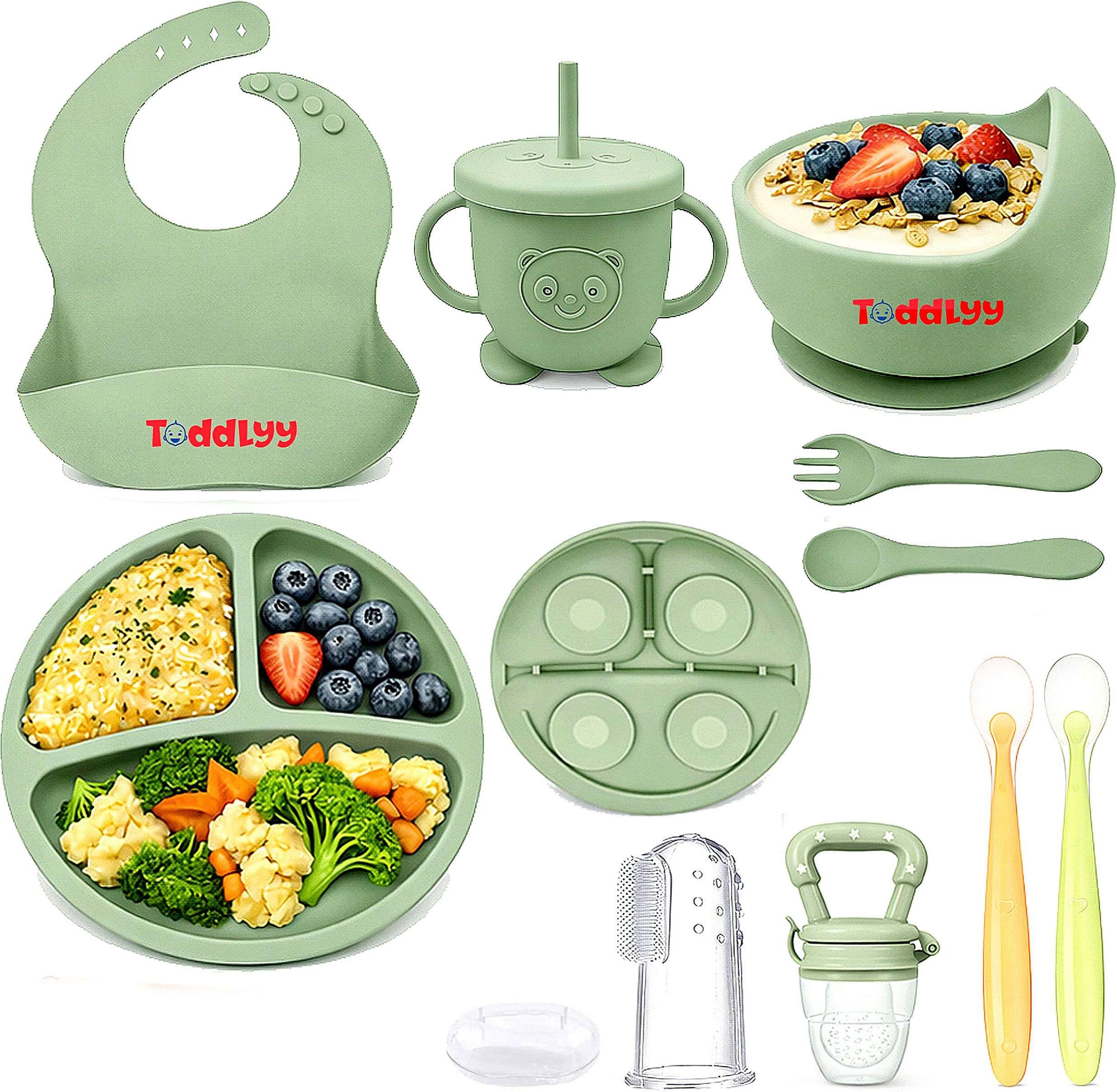 10 Pcs Silicone Baby Feeding Set for Toddlers 6+ Months - Suction Plate & Bowl, Bib, Cup, Spoon & Fork, Fruit Feeder, Finger Brush-image-47