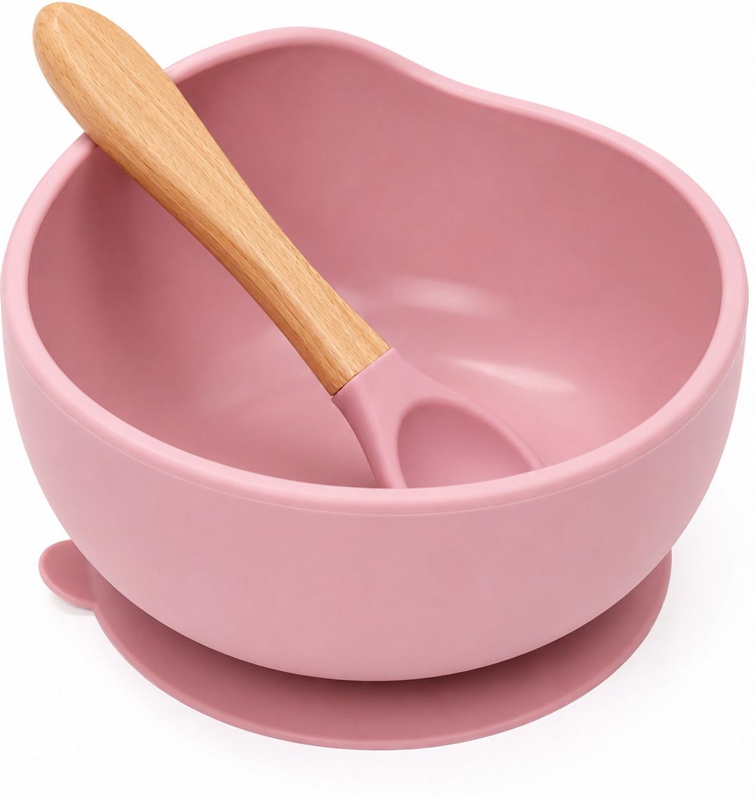 Silicone Baby Suction Bowl with Wooden Handle Spoon BPA Free Pink - Food Grade Silicone-image-14