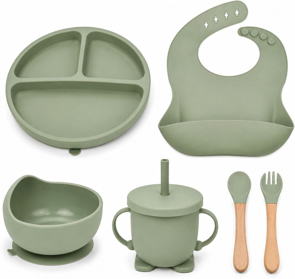 radhe alliance Baby Feeding Set Silicone Bib Plate Bowl Sippy Cup Spoon Fork Green - SILICON-picture-30