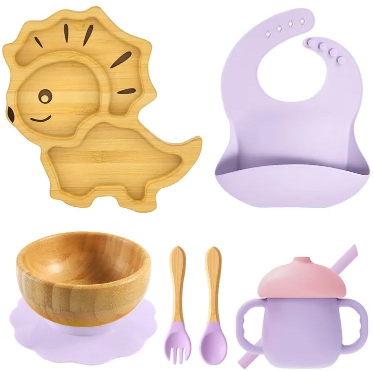 Bamboo Baby Feeding Set with Leo Suction Plate - Bowl, Spoon, Fork, Bib & Cup - Bamboo, Food Grade Silicone-image-3